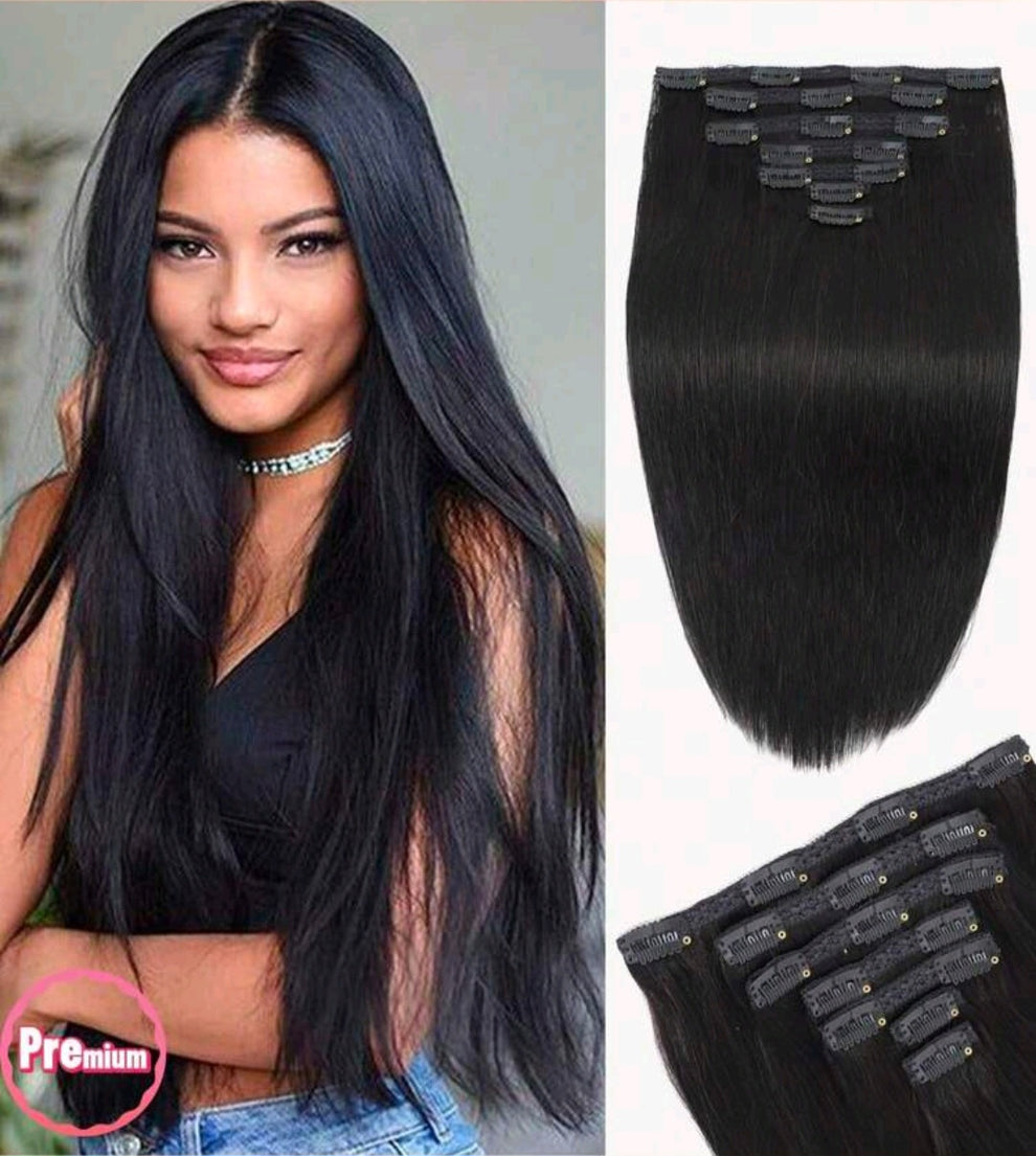 Black straight clip-in extensions